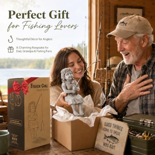Goodeco Fishergirl Statue Garden Decor - 11" Little Fishing Guy for Koi Pond or Waterfalls, Poolside Statue with Glow in Dark Pebbles Included, Great Gifts for Mom, Women or Birthdays, Gift Ideas - color: Fishergirl