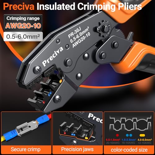 Preciva Insulated Crimping Tool Set with Storage Case, Ratcheting Wire Crimper Kit with 350 Terminals (Red, Blue, Yellow), Ergonomic Handle, High-Strength Steel, 0.5–6mm² / A.W.G. 20-10 Crimping Range - size: 350