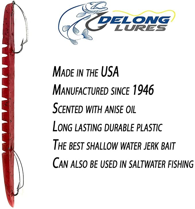 DeLong Lures – Made in USA 6" Bass Fishing Worms, Pre-Rigged Weedless & Unrigged Soft Plastic Baits, Anise-Scented Durable Lures for Freshwater & Saltwater - color: Red Bug