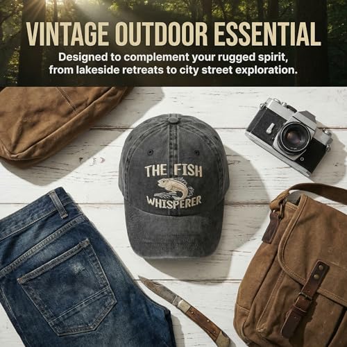 Fish Hats for Men Women,Funny Fishing Lover Gifts,Embroidered Washed Distressed Baseball Cap,Vintage Trucker Hat - color: Whisperer-black