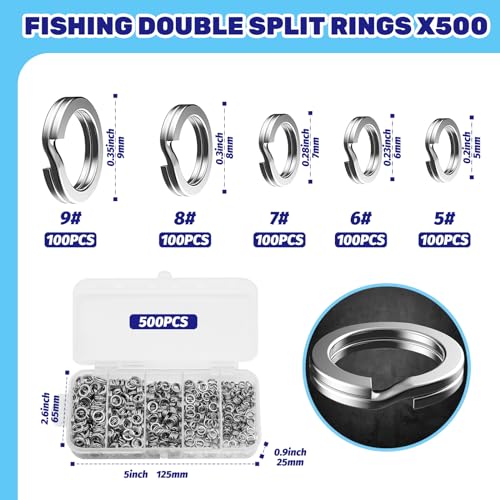 5 Sizes Fishing Split Rings Assortment Kit Stainless Steel Double Flat Lure Tackle Connector 30lb to 120lb Test for Trolling Jigging Offshore