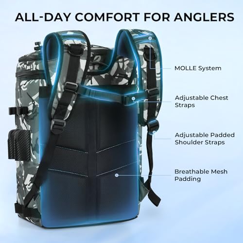 Calamus GearMaster Tackle Backpack with Bait Binder, Large Lightweight Water-Resistant Fishing Bag, Rod Holders, Food Storage - color: Black Camo With (4) 3600 Tackle Boxes