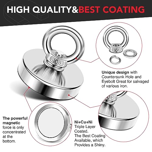 DIYMAG Strong Neodymium Fishing Magnets, 200 Lbs(91 KG) Pulling Force Rare Earth Magnet with Countersunk Hole Eyebolt Diameter 1.73 inch(44 mm) for Retrieving in River and Magnetic - size: 44mm