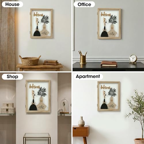 Hidden Key Holder for Wall - Wooden Key Box Wall Mount Decorative Cabinet with 6 Hooks, Rustic Beige Wood Keychain Organizer, Access Card Hangers Rack Storage for Home Entryway Hallway Office Decor