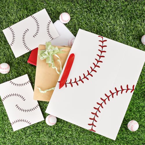 Hooqict Baseball Gift Bag Baseball Birthday Party Gift Wrapping Bag with Handles, Tissue Paper, Greeting Card for Kids Boys Men Sport Themed Birthday Party Favors Supplies - color: White Baseball