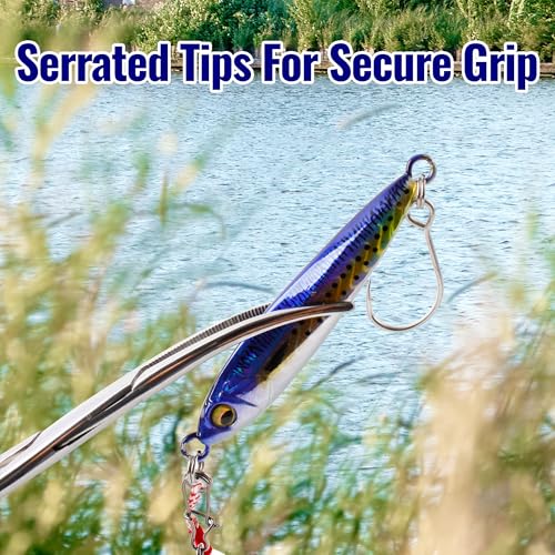 Fishing Forceps Set Hook Remover with Anti Loss Lanyards 2 Pack | Stainless steel fishing hemostats with serrated tips locking clamp for fly fishing kayak boat freshwater saltwater use trout