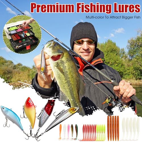 517 Pcs Large 3 Layers Tackle Box with Tackle Fishing Lures Kit Included Pliers, Fish Lip Gripper, Crankbait, Hooks, Other Accessories Fishing Kit for Men Gifts Summer Vacation(Black White) - color: Black White