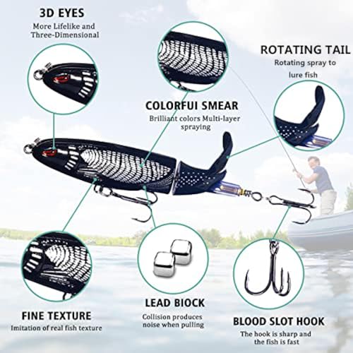 Topwater Fishing Lures With Storage Box, Whopper Popper for Bass, Catfish, Pike, Perch - Floating Pencil Bait With Rotating Tail for Freshwater or Saltwater - color: C-5PCS