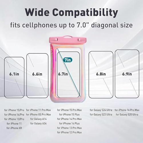 Floatable Waterproof Phone Pouch Case 2 pax for iPhone 17 16 Pro Max/15/14/13/12, IP68 Travel Cellphone Dry Bag Beach Cruise Ship Essentials Bags with Crossbody Lanyard, Iridescent Pink and Blue-7″ - color: A01-Iridescent Pink and Blue