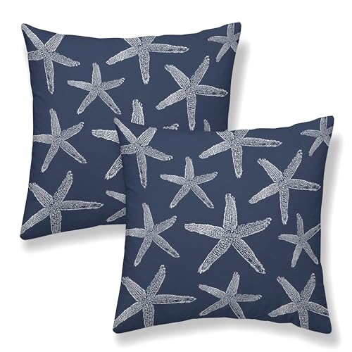 Navy Blue Coastal Pillow Covers 16x16 Inch 2 Pcs Sea Starfish Decor Throw Pillows Nautical Beach Ocean Themed Summer Outdoor Holiday Decoration Pillowcase Linen Cushion Cover for Couch Sofa - color: Navy Blue Starfish, size: 16" x 16" (Pack of 2)