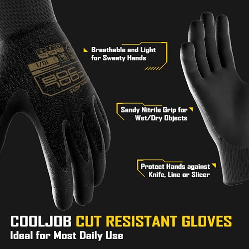 COOLJOB A3 Cut Resistant Safety Work Gloves with Nitrile Grip, Touchscreen & Flexible for Gardening Fishing Construction - color: A3 Black (Pack of 1), size: Medium