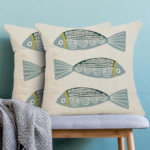 Coastal Blue Fish Pillow Covers 16x16 Inch Set of 2 Ocean Outdoor Throw Pillows Spring Summer Beach Nautical Pillowcase Linen Outdoor Decorative Cushion Covers for Bed Sofa Couch - color: Fish, size: 16" x 16" (Pack of 2)
