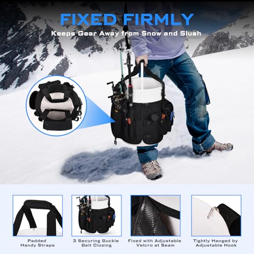 Boomistry Fishing Bucket Organizer for 5 Gallon Bucket, Black | 15 Multi-Pockets, 4 Built-in Rod Holder Storage, 3 Adjustable Buckles, for All Fishing Gear & Tackle Accessories - color: Black