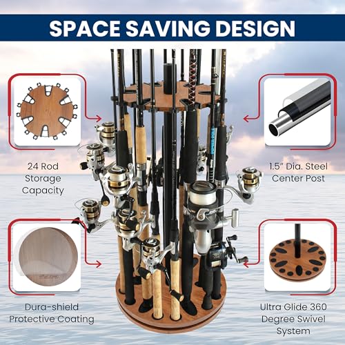 Rush Creek Creations Fishing Rod Holder - 360 Spinning Rack for Garage Organization and Storage, Pole Holder for Reels, Gear, Accessories, Tackle Box - color: Dark Walnut, style: 24 Spinning