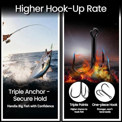 FishTrip 25/10/90/200pcs Fishing Treble Hooks, High Carbon Steel Triple Fishing Hooks with Ultra Barbed Sharp for Saltwater Freshwater Black, Treble Hook for Bass Trout Fishing Lures Replacement - color: Black, size: #4_10pcs (4X Strong)