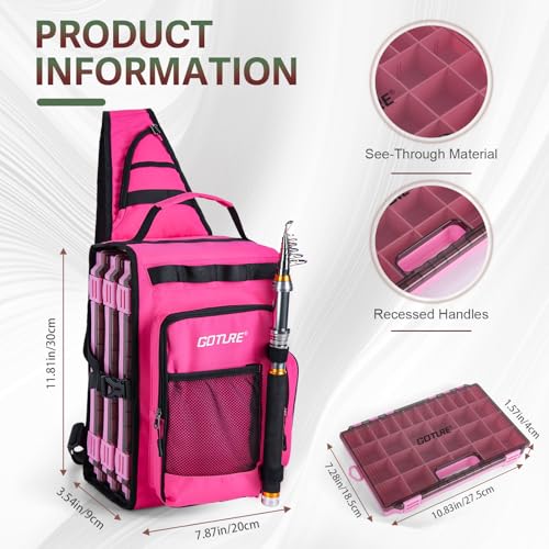 Goture OpenSide Tactical Sling Tackle Bag with 3 Tackle Trays,Lures & Fishing Tools, Lightweight Fishing Backpack Storage for Fishing Gear-Pink Bag, Gift for Women - color: Pink, size: Small bag with 3600 trays, style: Bag + Fishing Boxes(handle) + Pink F
