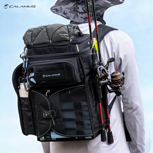 Calamus GearMaster Tackle Backpack with Bait Binder, Large Lightweight Water-Resistant Fishing Bag, Rod Holders, Food Storage - color: Black With (4) 3600 Tackle Boxes