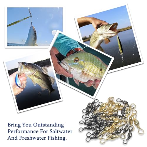 Fishing Barrel Swivels, 200pcs Rolling Ball Bearing Swivels with Solid Ring Fishing Tackle Accessories Hook Line Connector Copper with Stainless Steel Black & Gold Size 2 4 6 8 10