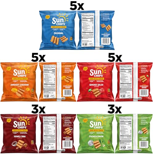 SunChips 100% Whole Grain Chips, Variety Pack, 1 oz Bags, Pack of 21, No Artificial Flavors, No Colors from Artificial Sources
