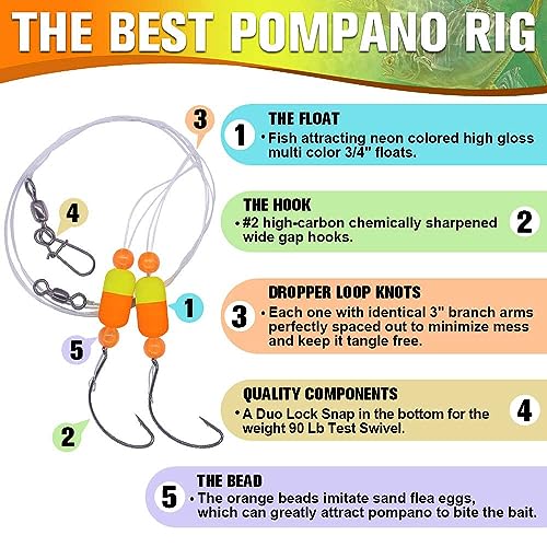 Pompano-Rigs-for-Surf-Fishing-Saltwater-Gear with Double Circle & Wide Gap Hook-6-Pack Surf Fishing Tackle - color: Orange and Yellow 3/4"Floats 6-Pack, size: #2 Wide Gap Hook
