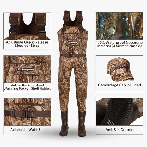 DaddyGoFish Neoprene Chest Waders for Kids and Adults, BootFoot, Fishing & Hunting with a Camouflage Caps, and a Wader Hanger - size: Age 12/13 Big Kid