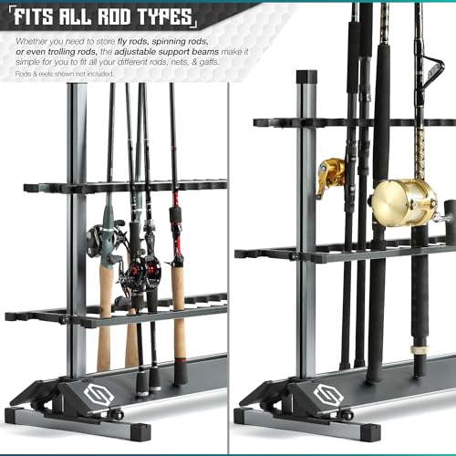 Savior Equipment Fishing Rod Rack Holder Organizer, 24-48 Slots to Hold Fresh Salt Water Spinning Rods & Reel Combo, Lightweight Aluminum Vertical Fish Pole Garage Storage Ground Display Stand - color: Gunmetal Gray, size: 48-Slots