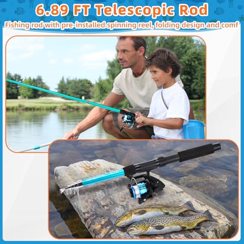 MiniInflat Telescopic Fishing Rod and Reel Combo, 6.89ft 2pcs Collapsible Rod with Plier Lip Gripper Lures Carrier Bag Pre-Loaded Spinning Reel Saltwater Freshwater Fishing Pole Kit - color: Green