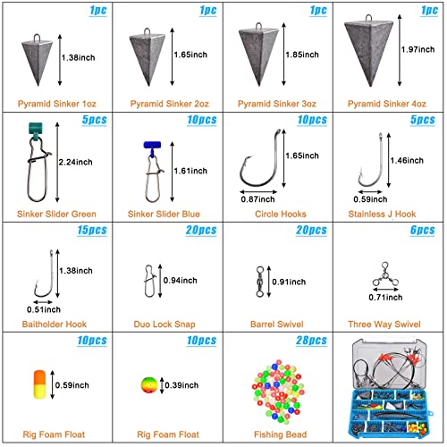 Surf Fishing Tackle Kit Ocean Saltwater Fishing Lures Surf Fishing Gear Fish Finder Rigs Pompano Rig Pyramid Sinker Weight Fishing Hooks Swivels Various Accessories