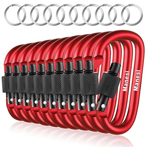 10 Pack 3Inch Aluminum D Ring Key Rings Hiking Clips Locking Carabiner for Hiking Camping Fishing and Outdoor Use，Clips with Screw Gate Multicolored - color: Red