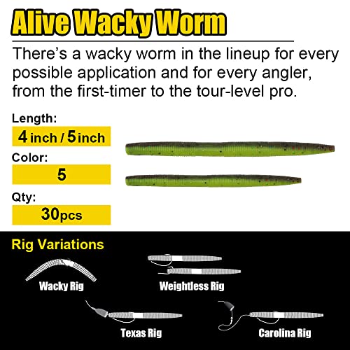 Wacky-Worms-Bass-Fishing-Lure-Kit-Wacky-Rig-Worms-Soft-Plastic-Stick-Baits3 4" 5" 6 inch - color: 5 inch 30 pcs