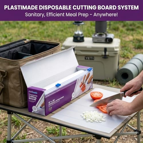 Disposable Cutting Board Sheets with Built-In Sliding Cutter - Flexible Plastic Cutting Boards for Kitchen Meal Prep, Camping, Travel, Tailgating & Commercial Use