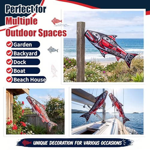 Newwiee 1 Pcs 45" Fishing Windsock for Outdoor Decor, Heavy Duty Fade Resistant Hanging Flag with Swivel Clip for Boat Dock Lake House Patio Yard, Fishing Gift for Men Dad Fisherman (Salmon) - style: Salmon