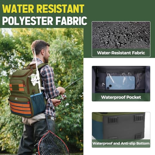 MATEIN Fishing Backpack Tackle Box, Water Resistant Tackle Backpack with Cooler & Rod Holders, Fishing Gifts for Men - color: Green & Orange & Blue
