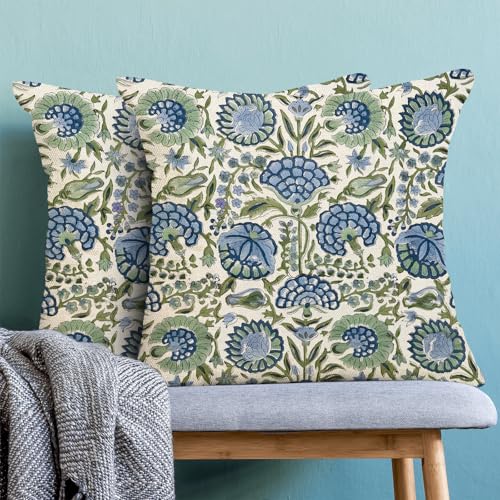 Vintage Boho Pillow Covers 16x16 Set of 2, Navy Blue Sage Green Floral Decor Decorative Throw Pillows Farmhouse Linen Summer Outdoor Cushion Case for Home Couch Sofa Decor - color: Outdoor Flower3, size: 16" x 16" (Pack of 1)