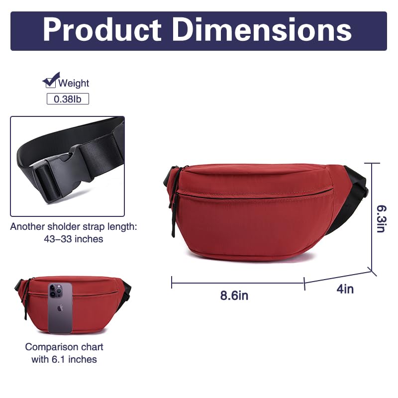 Women Sling Bags Girl Fanny Pack Crossbody Handbag Men Shoulder Bag Unisex Classic Nylon Waist Packs Purse Hiking Chest Bag, Easy Carry Any Phone, Wallet, Red - color: Red