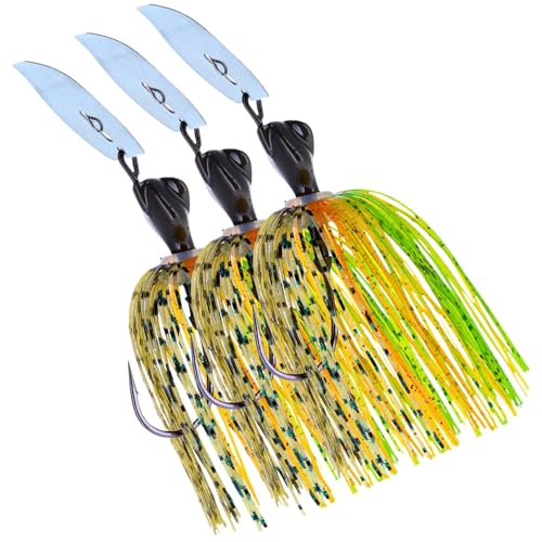 Reaction Tackle Breaker Jigs for Bass Fishing, Bladed Vibrating Swim Jig Lures with Silicone Skirts, Weedless Bait for Pike, Walleye, Muskie - 3 Pack - color: Perch, size: 3/8 Oz