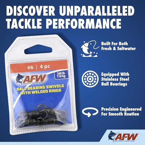 AFW Solid Brass Ball Bearing Fishing Swivels with Double Welded Rings - Patented Bullet Shaped Head for Reduced Water Resistance, Black Finish, Fishing Tackle, Up to 660lb Test - size: Size #5, 230 lb test, 4 pc