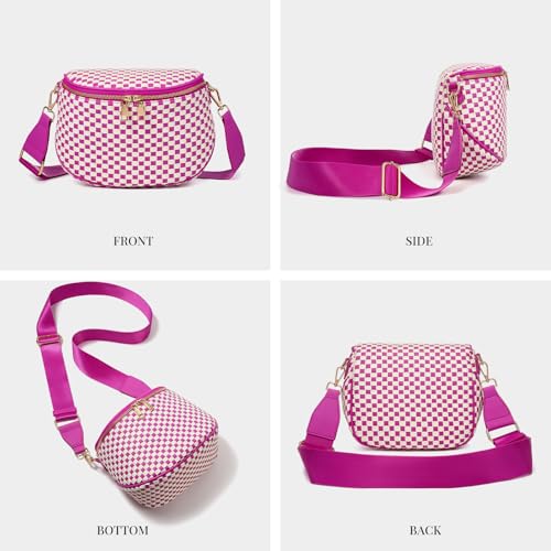 Woven Vegan leather Crossbody Bags For Women, Checkered Fashion PU Bum Bag Waist Pack, Travel Sling Purse with Adjustable Strap（Rose) - color: White and Rose