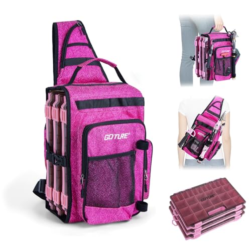 Goture OpenSide Tactical Sling Tackle Bag with 3 Tackle Trays, Lightweight Fishing Backpack Storge Fishing Gear -Shimmering Pink Bag Outdoor,Gift for women - color: Shimmering pink, size: Small bag with 3600 trays, style: Bag + Fishing Boxes(handle)