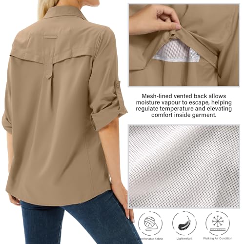 Women's UPF 50 Long Sleeve Sun Protection Shirts Safari Fishing Hiking - color: Gravel Brown, size: X-Small