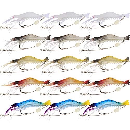 Goture Soft Shrimp Lures Fishing Saltwater Luminous Shrimp Bait Set Fishing Lures with Sharp Hooks for Freshwater Saltwater Trout Bass Salmon Crappie Walleye Pike Perch - color: 3.54in/0.21oz 15Piece