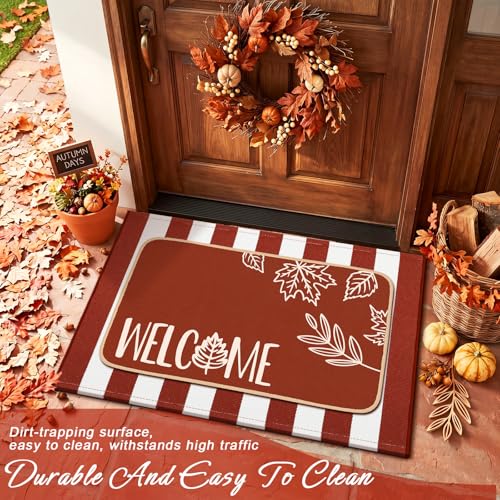 Tinideya 2 Pcs Door Mat Outdoor Welcome Front Doormat Rubber Linen Rug Nonslip Washable Decor for Front Porch(Fall Leaves Welcome Stripes,16 x 28 Inch,24 x 35 Inch) - size: 16 x 28 Inch,24 x 35 Inch, style: Fall Leaves Welcome Stripes
