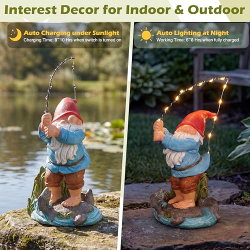 EXYGLO Solar Gnome Garden Statue Decor, 8.5" Fishing Gnome Outdoor Funny Decoration for Lawn, Patio, Yard, and Unique Housewarming, Birthday Ornament Gift for Mother, Friend, Family - style: Fishing Gnome