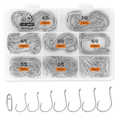 UCEC Circle Hooks Fishing Hooks 2X Strong Offset Circle Hooks Saltwater Black High Carbon Steel Octopus Catfish Hooks Fishing Gear Tackle 150pcs/ 240pcs - Size:#1 1/0 2/0 3/0 4/0 5/0 6/0 8/0 - color: Silver Assortment, size: 160+30pcs Clips 2/0 3/0 4/0 5/
