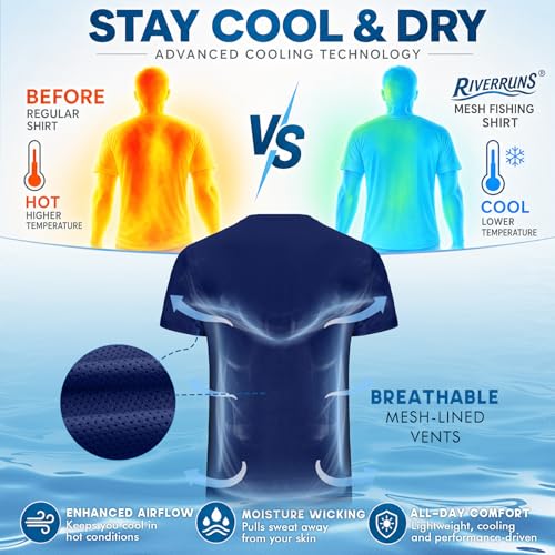 Riverruns Men's UPF 50+ Fishing Shirt, Quick Dry Cooling Short Sleeve Performance Tee with Breathable Mesh Back - color: Navy Blue, size: X-Large