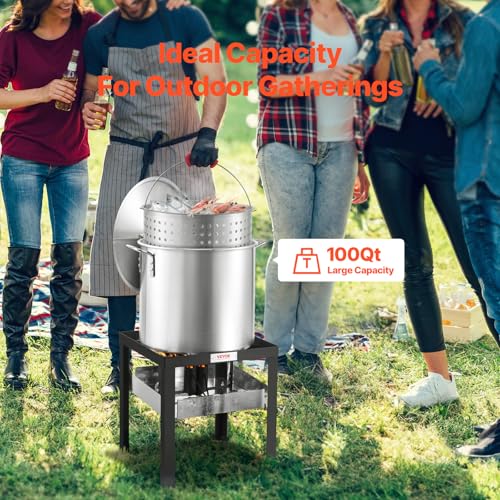 VEVOR 100 Qt Seafood Boiling Kit with Strainer, Outdoor Seafood Boil Pot and Basket, Cooking Set for Crab Crawfish Lobster Boiling, Aluminum Stockpot with 100,000 BTUs Propane Burner and Steamer Rack - style: 100-qt