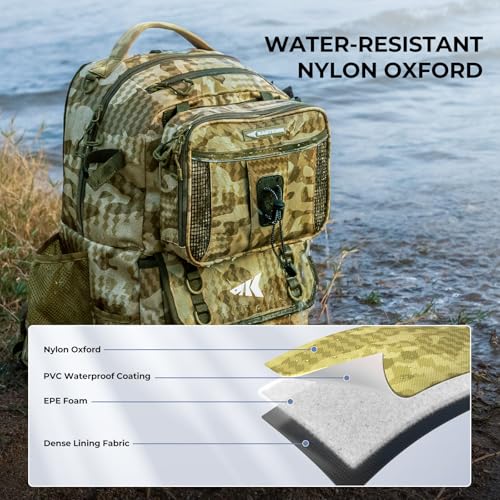 KastKing BaitSpace Fishing Tackle Backpack with Removable Bait Binder,2 Rod Holders Storage Fishing Gear and Equipment - color: H: Khaki Camo（without Tackle Box）