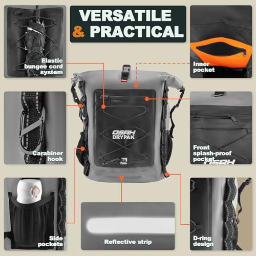 OSAH DRYPAK Waterproof Backpack Dry Bag 35L/55L/85L – Heavy Duty Roll-Top Hiking Backpack for Travel, Kayaking, Boating, Camping, Rafting and Fishing - color: Grey, size: 55L