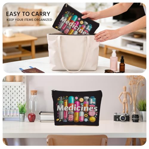 JIUWEIHU Medicine Makeup Bag Gifts: Colorful Medical Themed Cosmetic Toiletry Organizer Pouch for Teen Girls Women Doctor Nurse Healthcare.Ideal Gift for Travel, Christmas Birthday Gifts - color: Multicolor 0076
