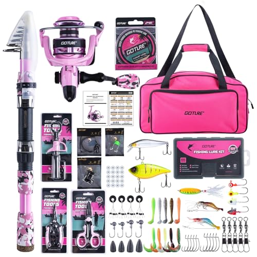 Goture Pink Fishing Rod and Reel Combo - ML Action Spinning Reel Pole with Pink Bag - Telescopic Rod Kit for Starter Travel Saltwater Freshwater, Gift for Woman - color: Pink Pole - Duffle Bag without Bottle Opener, size: 8FT/2.4M